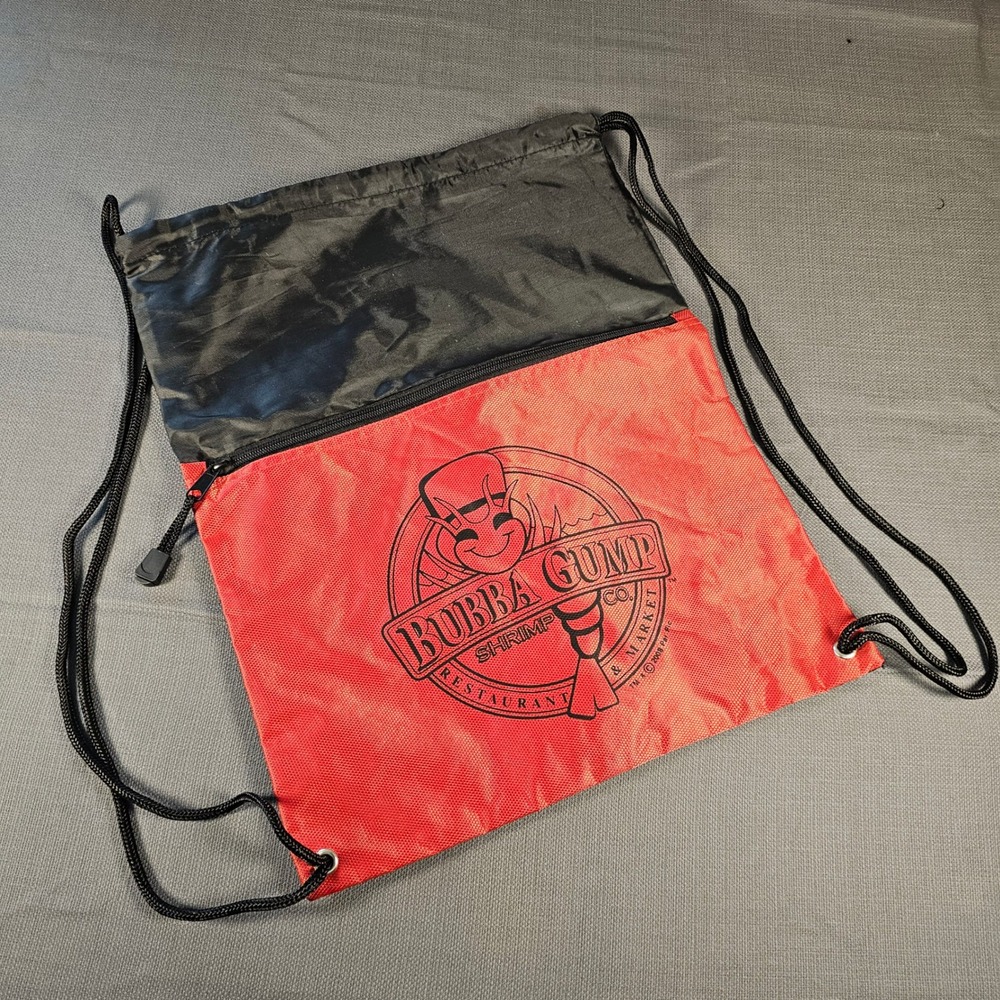 Bubba Gump Shrimp Co Drawstring Backpack Red‎ Black Cinch Bag Zipper Pocket